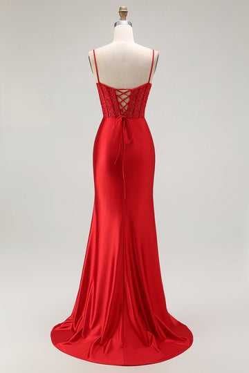 Red Mermaid Corset Spaghetti Straps Long Formal Dress with Slit